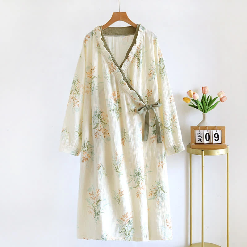 Pure Ownkoti Plant Cotton Gauze Long Sleeve Nightgown with Pocket Easy-to-Use