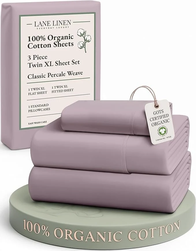 Original Design LANE LINEN Organic Cotton Eco Friendly Extra Large Twin Sheets for Hospital Bed Fully Elasticized Reinforsed Seams in Fitted Pocket Machine Washable Deep Pocket Twin XL Bedding- Lilac Trendy