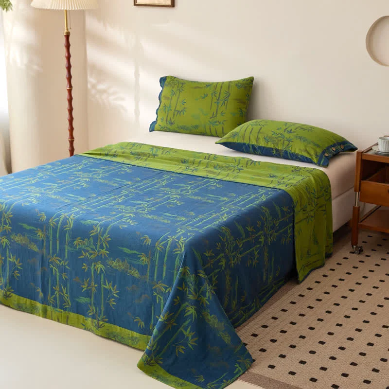 Green Ownkoti Bamboo Print Cotton Gauze Yarn-dyed Reversible Coverlet Recyclable