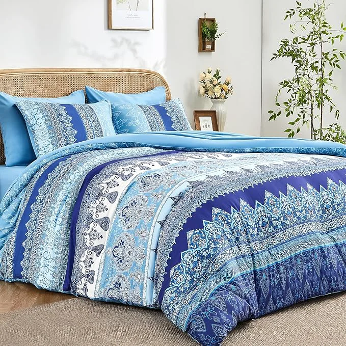 Expertly Made Boho King Size Comforter Set Blue – 7 Pieces Floral Striped Comforter Set with Sheets Soft Microfiber Bohemian Complete Bedding Sets for All Season Blue King Clean