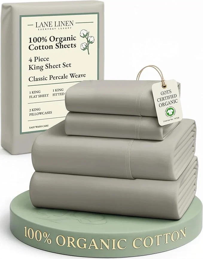 Detailed LANE LINEN Organic Cotton King Sheet Set 4Pc Cotton Sheets King Size Soft amp Comfy Percale Eco Friendly Sustainably Produced Bedding Sheets amp Pillowcases 15 quot Deep Pocket King Sheet Set – Silver Unique