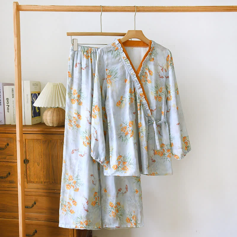 Practical Ownkoti Bamboo Fiber Blue Pastoral Style Pajama Set Clean