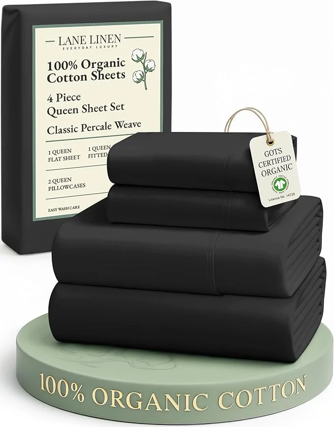 Exclusive LANE LINEN Organic Cotton Queen Size Sheets Set Machine Wash Fully Elasticized Naturally Cooling Percale Weave Queen Size Deep Pocket Sheet Sets Low Pill Eco Friendly Bed Sheets- Black Original