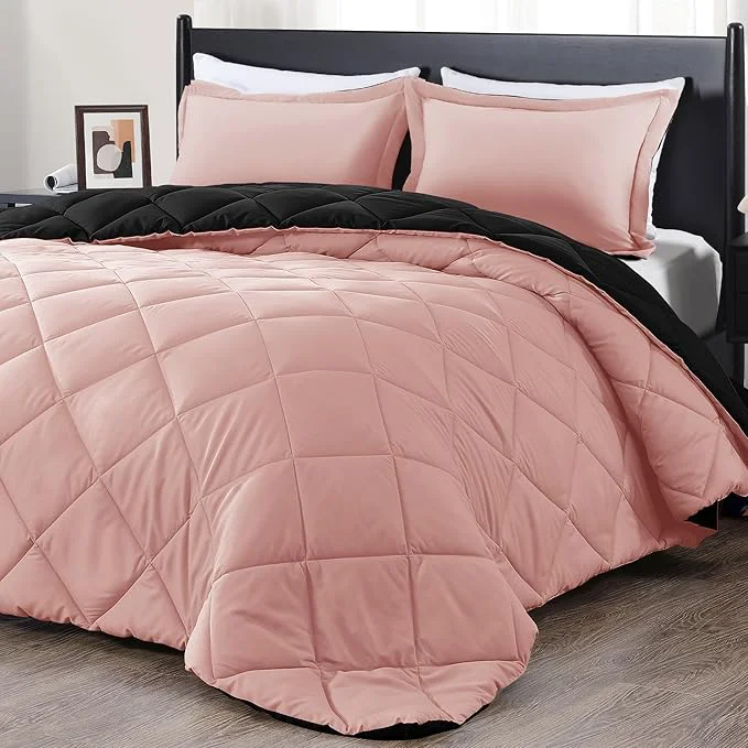 Fashionable downluxe Twin Comforter Set – Pink and Black Twin Comforter Soft Bedding Sets for All Seasons -2 Pieces – 1 Comforter 66 quot x92 quot and 1 Pillow Sham 20 quot x26 quot Recyclable