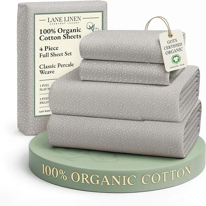 Top-Quality LANE LINEN Printed Organic Cotton Bed Sheets Full Size Fully Elasticized Reinforsed Seams in Fitted Pocket Machine Washable Naturally Cooling Full Sheet Deep Pocket Bedding- Snowdrop Authentic