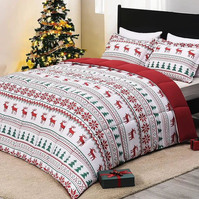 Environmentally Friendly downluxe Christmas Comforter Set Queen with 2 Pillow Shams – Christmas Decoration Comforter Set with Reindeer and Snowflake Patterns – Bed Comforter Queen Set 3-Piece Set Exceptional