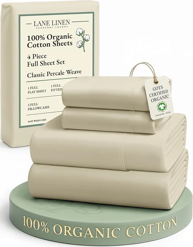 Advanced LANE LINEN Organic Cotton Bed Sheets Full Size Fully Elasticized Reinforsed Seams in Fitted Pocket Machine Washable Naturally Cooling Full Sheet Deep Pocket Bedding- Linen World-Class
