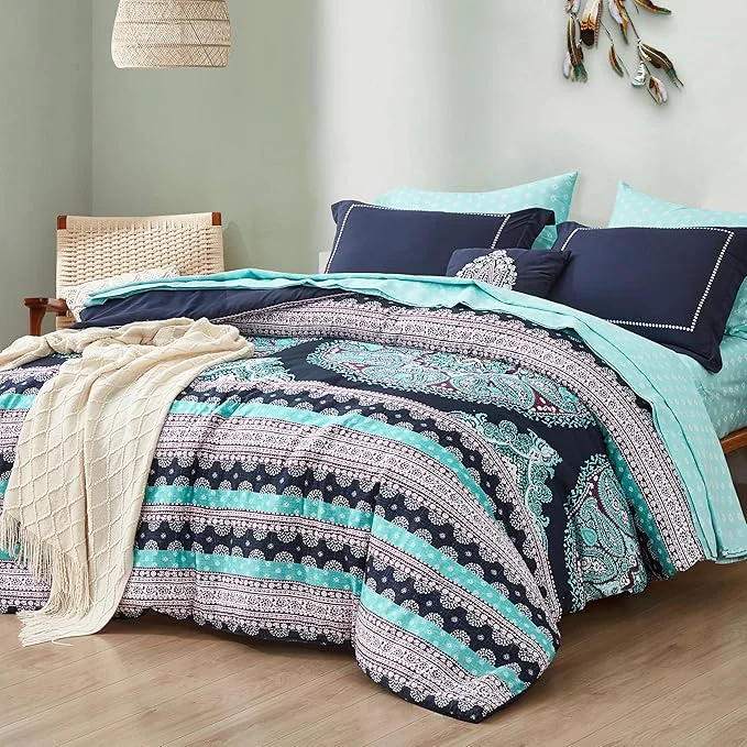 Elite Degrees of Comfort Teen Twin Complete Comforter Sets for Girls Boho Medallion Tween Bed in A Bag 6 Piece Blue Microfiber Bedding Set with Sheets Matching Decorative Pillow Traditional