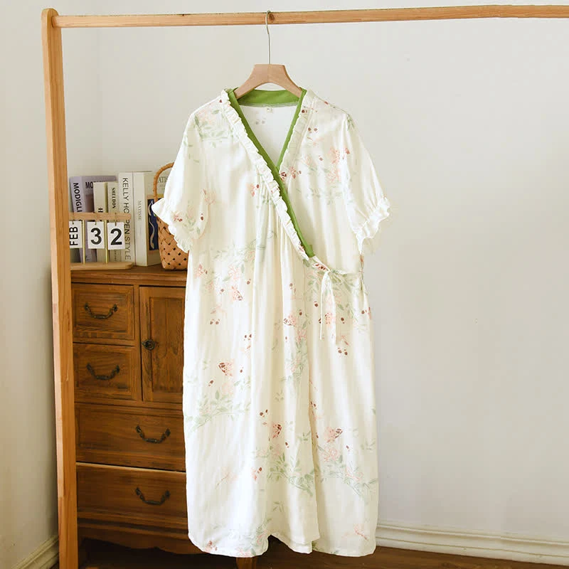 Efficient Ownkoti Floral Leaf Short Sleeve Cross-front Nightdress Casual