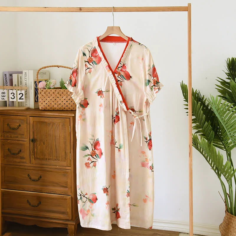 Elite Ownkoti Pomegranate Print Short Sleeve Cross-front Nightdress Unique