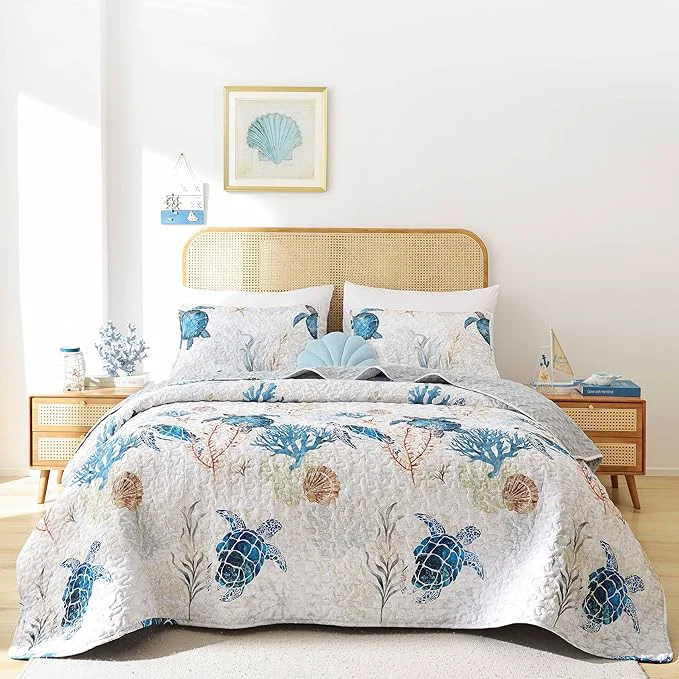 Smooth weigelia Coastal Quilts Bedding Set Twin Size – Summer Sea Turtles Nautical Bedding Quilt with Pillow Cases Beach Reversible Quilt Set Bedspreads Coverlet Soft Lightweight Comforter Stylish