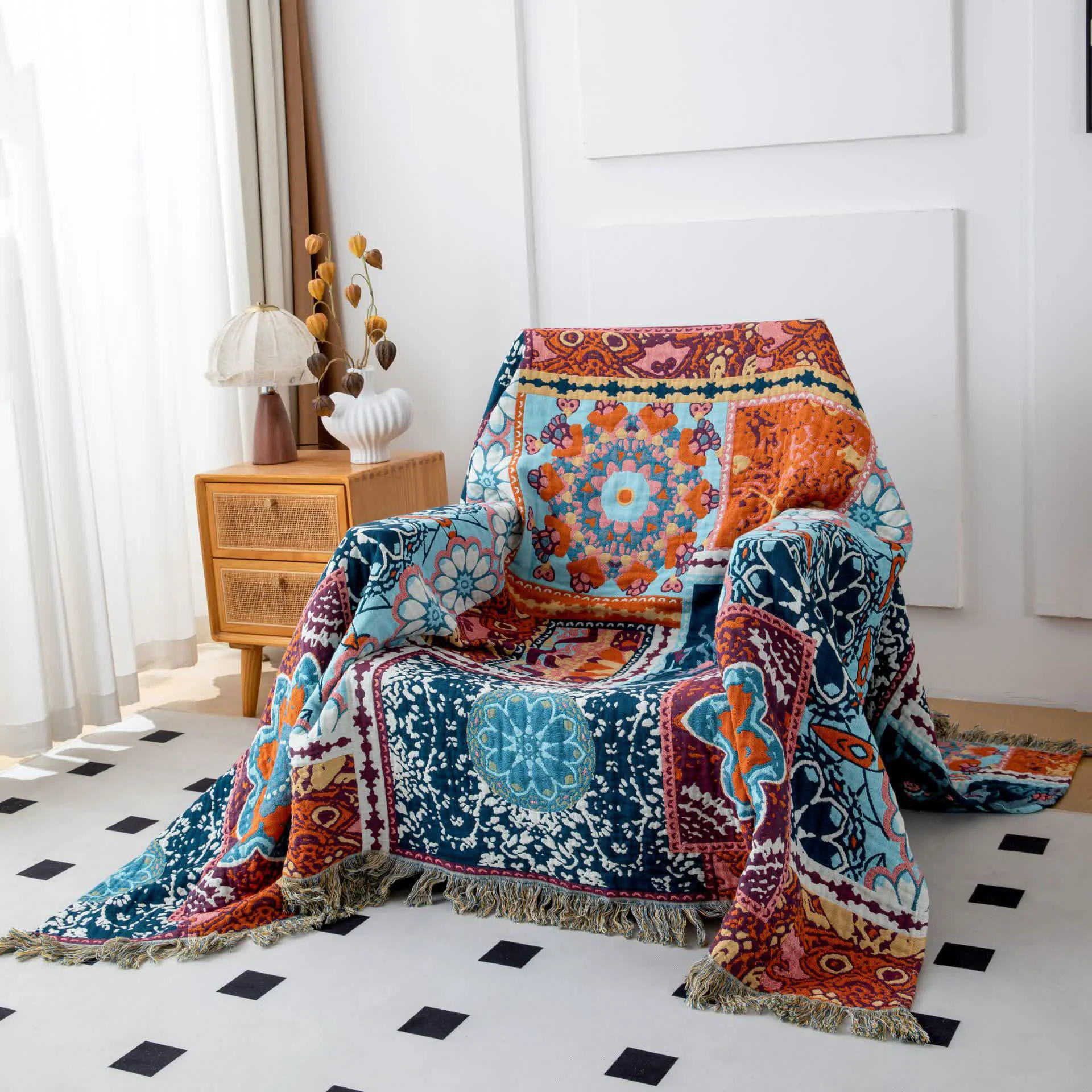 Quality Ownkoti Boho Blue Floral Cotton Reversible Tassel Blanket Fashionable