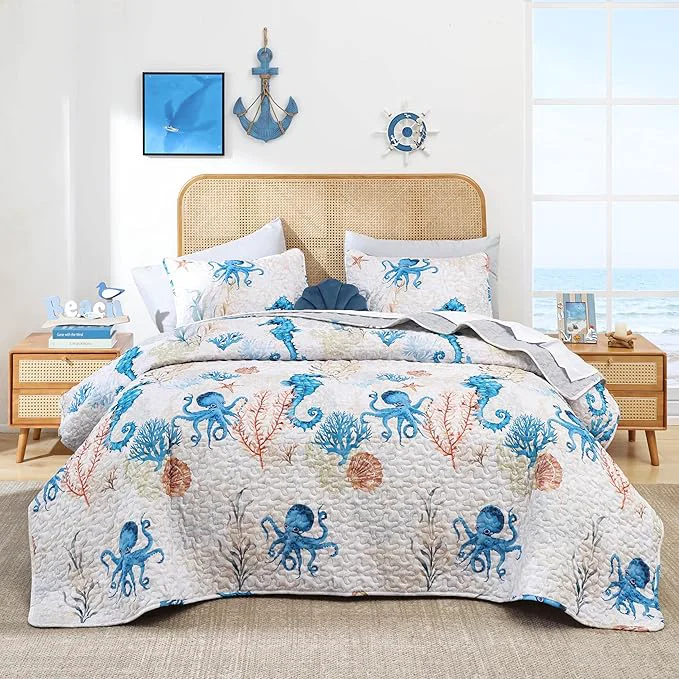 First-Class weigelia Coastal Quilts Bedding Set King Size – Summer Nautical Bedding Quilt with Pillow Cases Beach Reversible Quilt Set Ocean Blue Seahorse Bedspreads Coverlet Soft Lightweight Comforter Premium