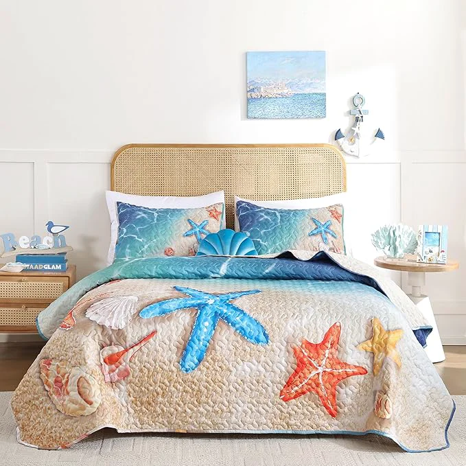 Natural weigelia Coastal Quilt Set Queen Size – 3 Piece Lightweight Beach Themed Bedding Soft amp Breathable Polyester Coverlet All Season Quilts amp Bedspread for Bedroom Décor Effective