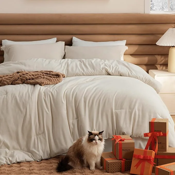 Top-Quality Bedsure California King Comforter Set – Beige Soft Bedding for All Seasons Cationic Dyed Bed Set 3 Pieces 1 California King Size Comforter 104 quot x96 quot and 2 Pillow Shams 20 quot x36 quot 2 quot Casual