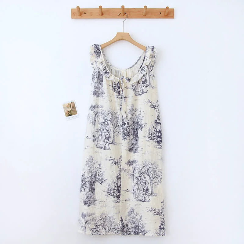 High-Performance Ownkoti Vintage Landscape Print Cotton Gauze Ruffle Camisole Nightwear Green