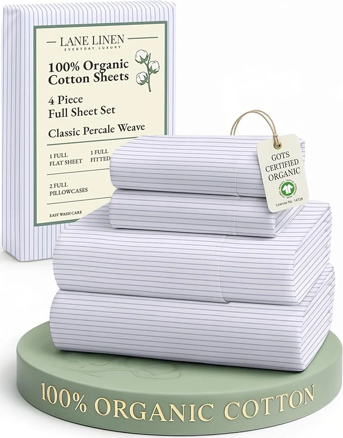 Traditional LANE LINEN Organic Cotton Full Sheet Set Low Pilling Fade Resistant Machine Washable Naturally Cooling Full Bed Sheets Soft amp Comfy Printed Cotton Bedding- Blue Ticking Stripe Fine Crafted