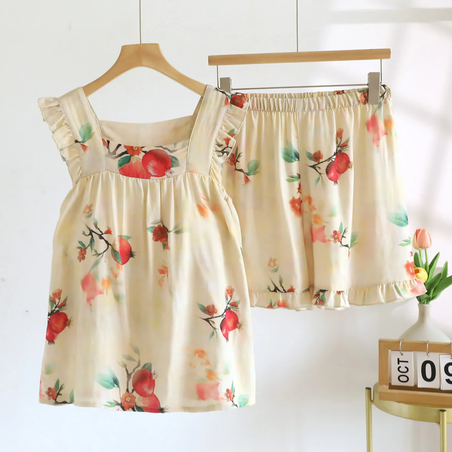 Pure Ownkoti Pomegranate Floral Ruffle Padded Camisole Loungewear Set Quality