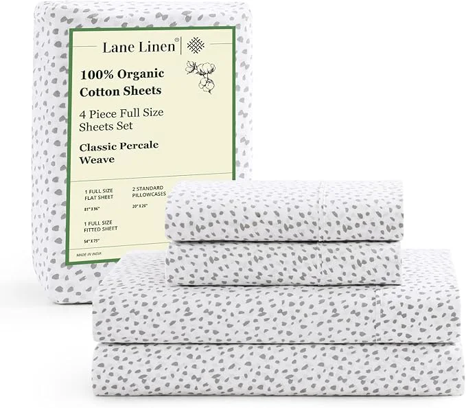 High-Grade Organic Cotton White Grey Dot Full-Sheets Set 4-Piece Long Staple Percale Weave Ultra Soft Bedding Sheets for Bed Breathable GOTS Fits Mattress Upto 15inch Deep Classic