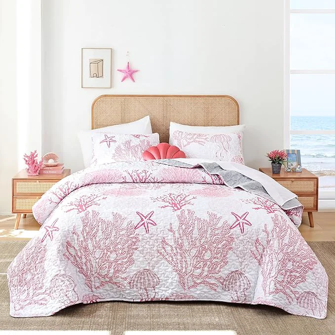 World-Class weigelia Coastal Quilts Bedding Set King Size – Pink Summer Nautical Bedding Quilt with Pillow Cases Beach Reversible Quilt Set Ocean Coral Bedspreads Coverlet Soft Lightweight Comforter Exceptional