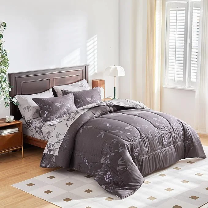 Organic 6 Piece Bed in a Bag Twin Comforter Set with Sheets Black Leaves Botanical Design Lightweight Bedding Sets for Kids 1 Comforter 2 Pillow Shams 1 Flat Sheet 1 Fitted Sheet 1 Pillowcases Dependable