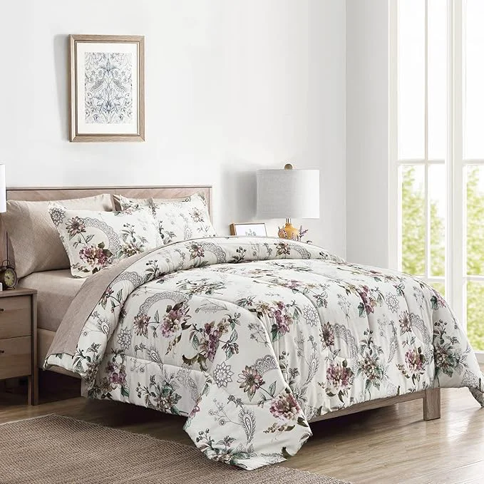 Casual 7 Pieces Bed in a Bag King Comforter Set with Sheets Beige Floral Design Soft Microfiber Bedding Sets for All Season 1 Comforter 2 Pillow Shams 1 Flat Sheet 1 Fitted Sheet 2 Pillowcases Next-Generation