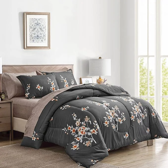 Lightweight 7 Pieces Bed in a Bag King Comforter Set with Sheets Dark Grey Floral Design Soft Microfiber Bedding Sets for All Season 1 Comforter 2 Pillow Shams 1 Flat Sheet 1 Fitted Sheet 2 Pillowcases High-End