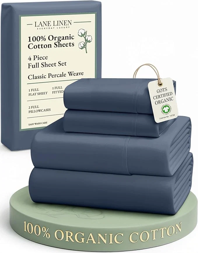 Authentic LANE LINEN Eco Friendly Organic Cotton Fully Elasticized Full Sheet Set Low Pilling Fade Resistant Machine Washable Naturally Cooling Full Bed Sheets Soft amp Comfy Cotton Bedding – Estate Blue High-End