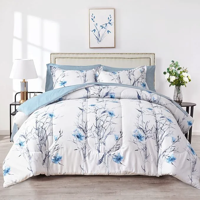 Clean 7 Pieces Bed in a Bag King Comforter Set with Sheets Blue Flower Branch on White Botanical Bedding Sets for All Season 1 Comforter 2 Pillow Shams 1 Flat Sheet 1 Fitted Sheet 2 Pillowcases High-Grade
