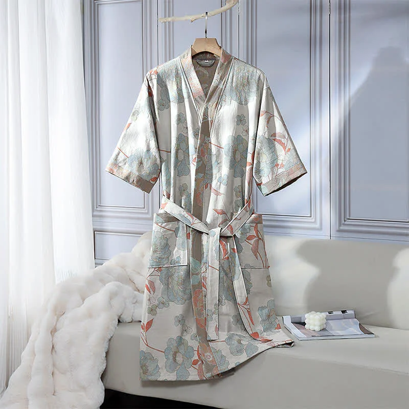 Fashionable Ownkoti Unisex Blue Peony Cotton Gauze Bathrobe Stylish