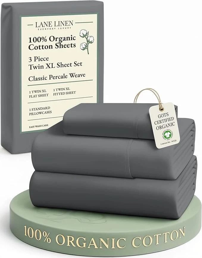 Durable LANE LINEN Organic Cotton Twin XL Sheets Set Hotel Like Crisp Percale Low Pill Fade Resistant Reinforsed Seam Cotton Sheets for Hospital Bed amp Dorm Room Extra Long Twin- Charcoal Smooth