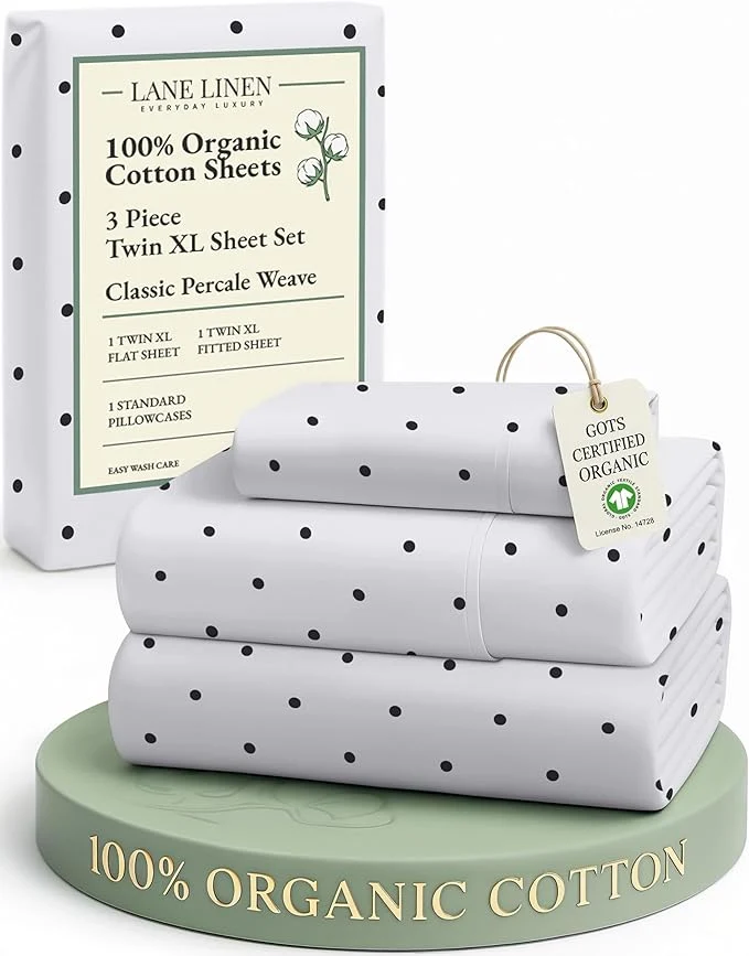 Crafted LANE LINEN Organic Cotton Twin XL Sheets Set 3-Piece Pure Percale Bedsheets Bedding Breathable Fits Mattress Upto 15 quot Deep – Black Polka Dot Innovative