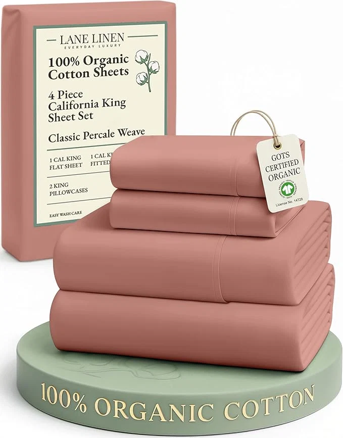 Quality LANE LINEN Organic Cotton California King Sheets Set 4-Piece Pure Organic Cotton Long Staple Percale Weave Soft Bedding Sheets for Bed Breathable Fits Mattress Upto 15 quot Deep – Rose Dawn Expertly Made