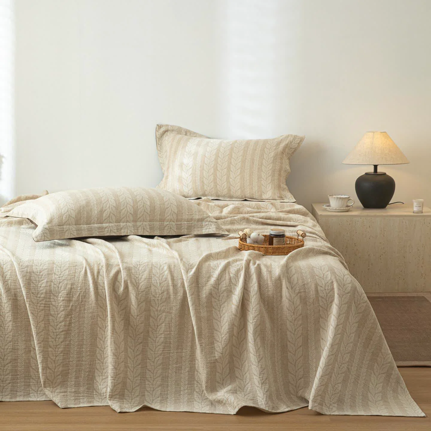 World-Class Ownkoti Beige Wheat Textured Cotton Linen Bedspread Durable