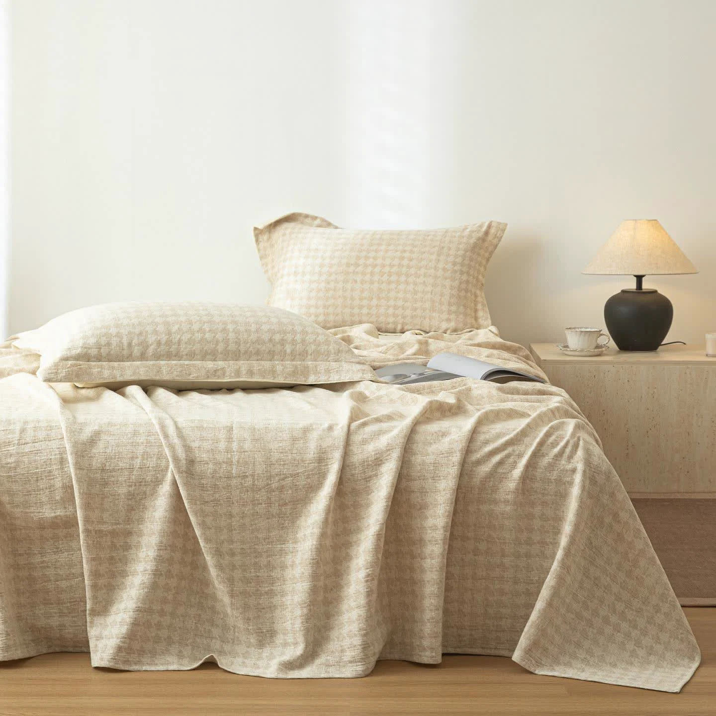 Healthy Ownkoti Houndstooth Textured Cotton Linen Bedspread High-End