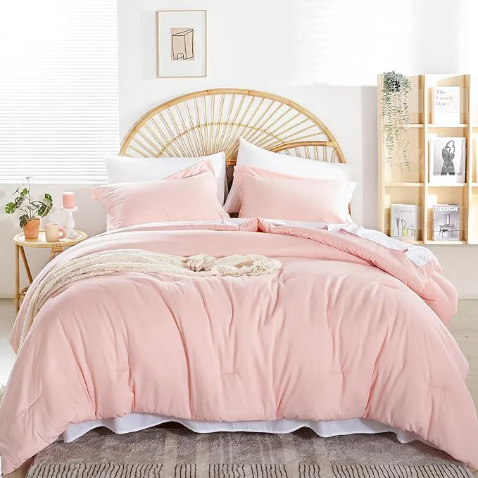 Safe weigelia Queen Comforter Set Blush Pink Comforter Set 7 Pieces Comforters Queen Size Bedding Set with Flat Sheets Fitted Sheet Pillow Shams Pillowcases for All Season Trusted