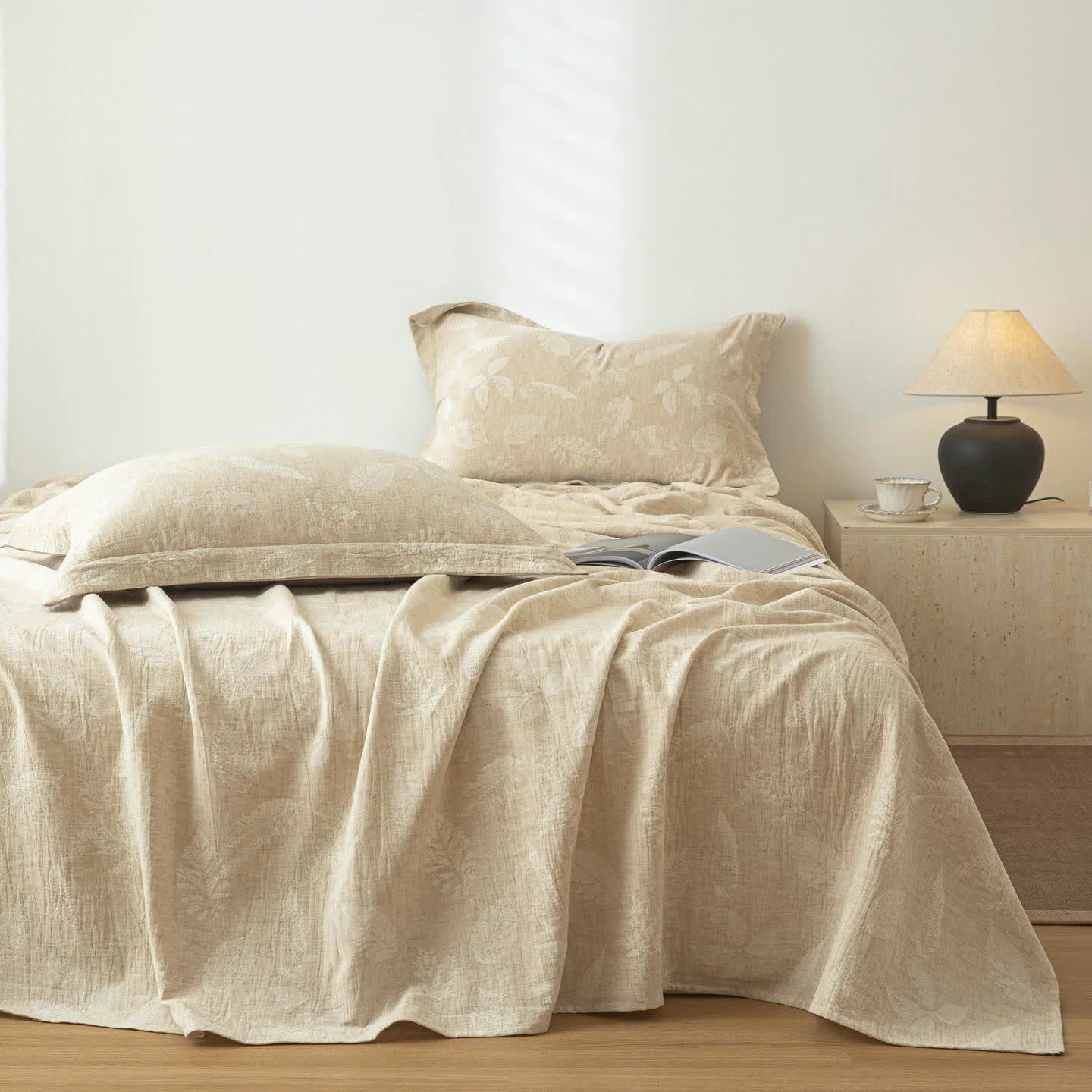 Classic Ownkoti Jungle Leaves Textured Cotton Linen Bedspread Crafted