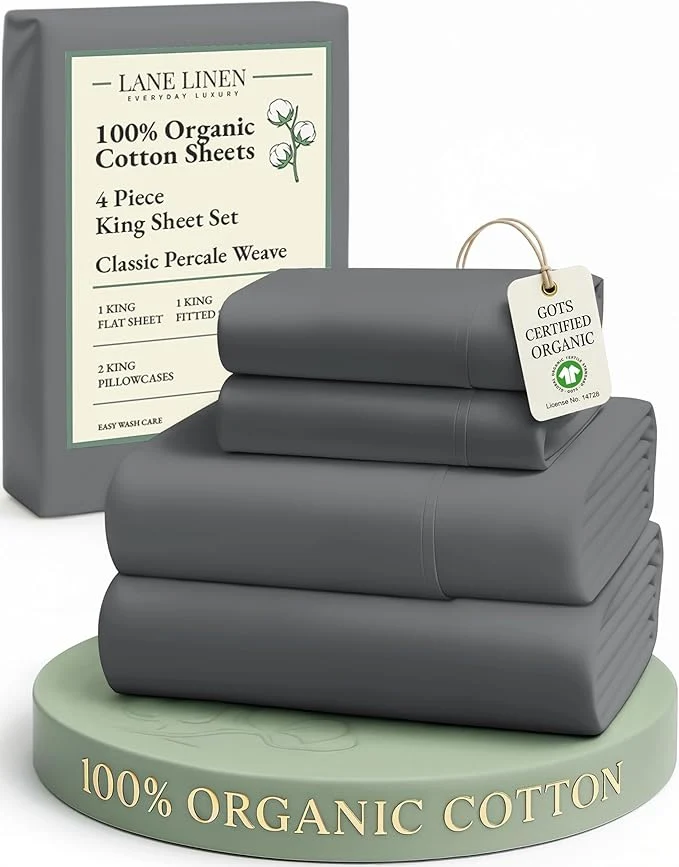 Minimalist LANE LINEN Organic Cotton Sheets King Size Machine Washable Fully Elasticized Soft amp Comfy Mercerized Sustainably Produced All Season Eco Friendly Cotton Sheets sábanas King- Charcoal Exclusive