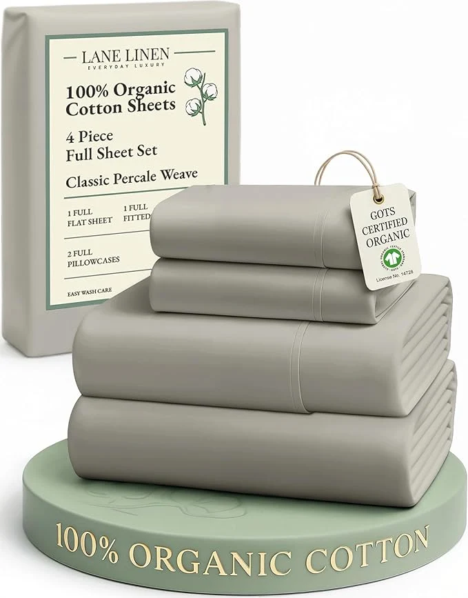 Outstanding LANE LINEN Organic Cotton Eco Friendly Full Size Sheet amp Pillowcase Sets 15 quot Deep Pocket Fully Elasticized Soft amp Comfy Percale Bedding Naturally Temperature Regulating Sheets Full- Silver Fast