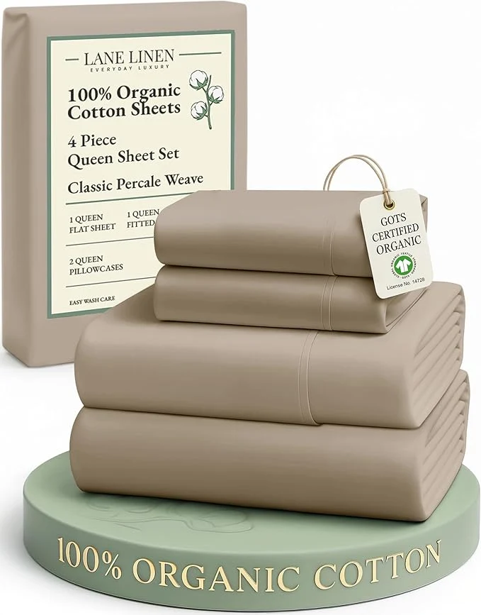 Classic LANE LINEN Organic Cotton Sheets Set Pure Long- Staple Percale Weave – Bedding for Bed Fits Mattress Upto 15 quot Deep Pocket Queen Taupe Long-Lasting