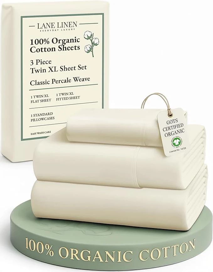 Safe LANE LINEN Organic Cotton Twin XL Sheets Set 3-Piece Pure Organic Cotton Percale Sheets Cotton Bedsheets Ultra Soft Bedding Sheets Breathable Fits Mattress Upto 15 quot Deep – Natural Authentic