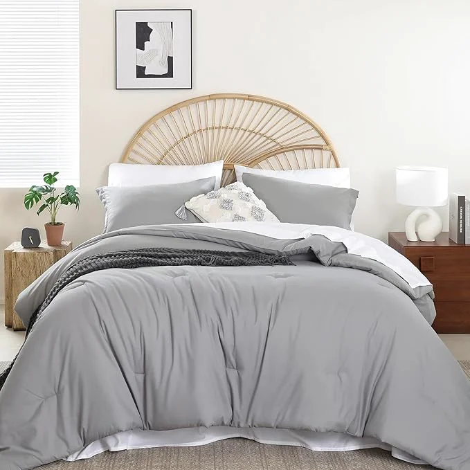 Superior weigelia King Size Comforter Set 7 Pieces Grey Bed Comforter Set Bed in a Bag Solid Color Soft Microfiber King Bedding Set with Sheets Pillow Shams and Pillowcases Elite