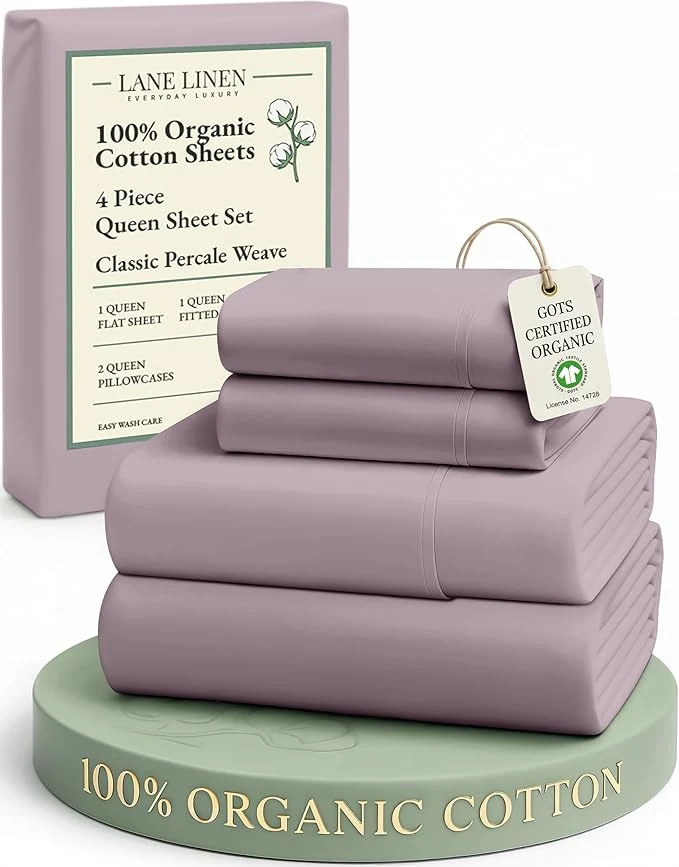 High-End LANE LINEN Queen Size Sheets Set Organic Cotton Sheet Set 4 Pc Queen Sheets Percale Weave Breathable Hotel Quality Queen Size Deep Pocket Cooling Sheet Oeko-Tex Sheets – Lilac Secure