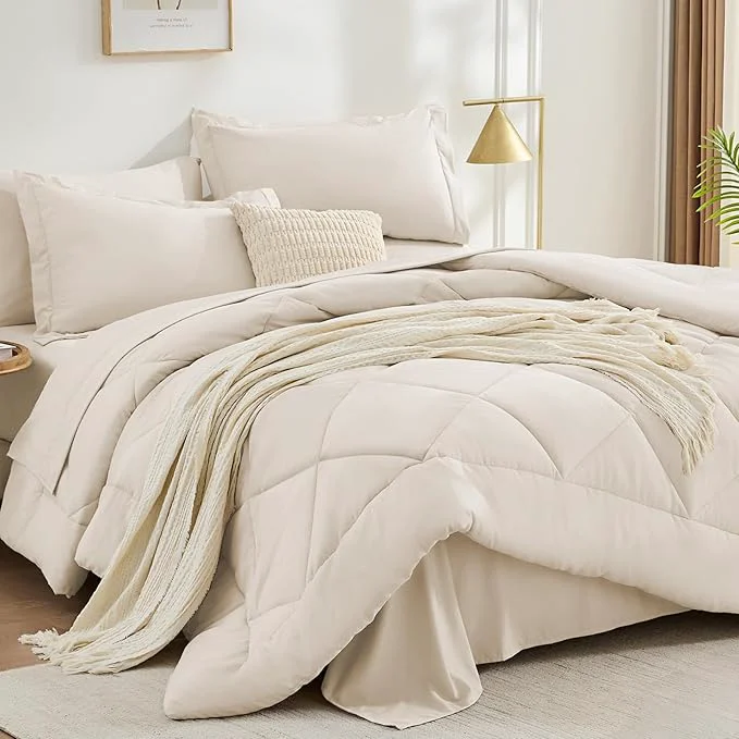 Premium FUANNA 7 Pieces California King Size Comforter Set All Season Bed in a Bag Cal King Size Luxury Soft Bedding Sets with Comforter Flat Sheet Fitted Sheet Pillowcases amp Pillow Shams Beige Smooth