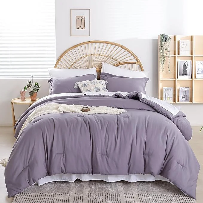 Minimalist weigelia Queen Comforter Set 7 Pieces Dusty Purple Comforter Set Soft Queen Size Bedding Set with Fitted Sheets Flat Sheets Pillow Shams and Pillowcases Recyclable