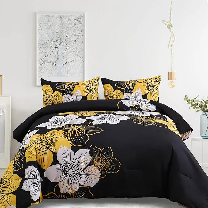 Powerful Menghomeus Full Comforter Set Black Gold Floral Bedding Comforter Sets – Soft Microfiber Bed Comforter Set for All Season 3 Piece Botanical Flowers Comforter Pillowcases Fine Crafted