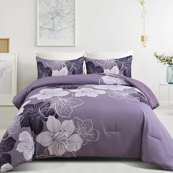 Easy-to-Use Menghomeus Queen Comforter Set Dark Purple Floral Bedding Comforter Sets – Soft Microfiber Bed Comforter Set for All Season 3 Piece Botanical Flowers Comforter Pillowcases Exceptional