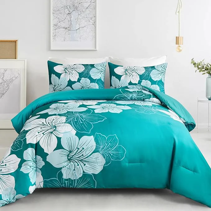 Verified Menghomeus California King Comforter Set Gradient Teal Bedding Floral Comforter Sets Soft Microfiber Bed Comforter Set for All Season 3 Piece Botanical Flowers Comforter Pillowcases Pure