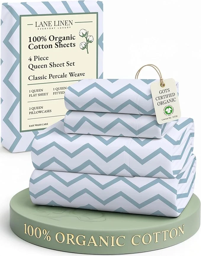 Fine LANE LINEN Organic Cotton Sheets Queen 15 quot Deep Pocket Queen Sheets Fits Upto 15 quot Mattress Soft amp Comfy Fade Resistant Printed Sheet Set – Cool Blue Chevron Responsible