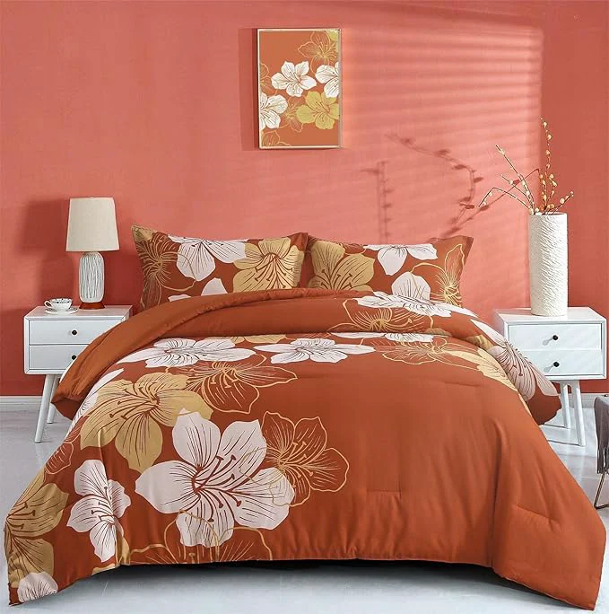 Enhanced Menghomeus Burnt Orange Comforter Set Queen Gold Floral Comforter Terracotta Botanical Bedding Sets Soft Microfiber Thanksgiving Bed Comforter Set for All Season 1 Comforter 2 Pillowcases Efficient
